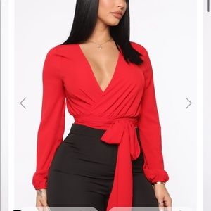 Red Fashion Nova Long Sleeve Wrap Tie Blouse